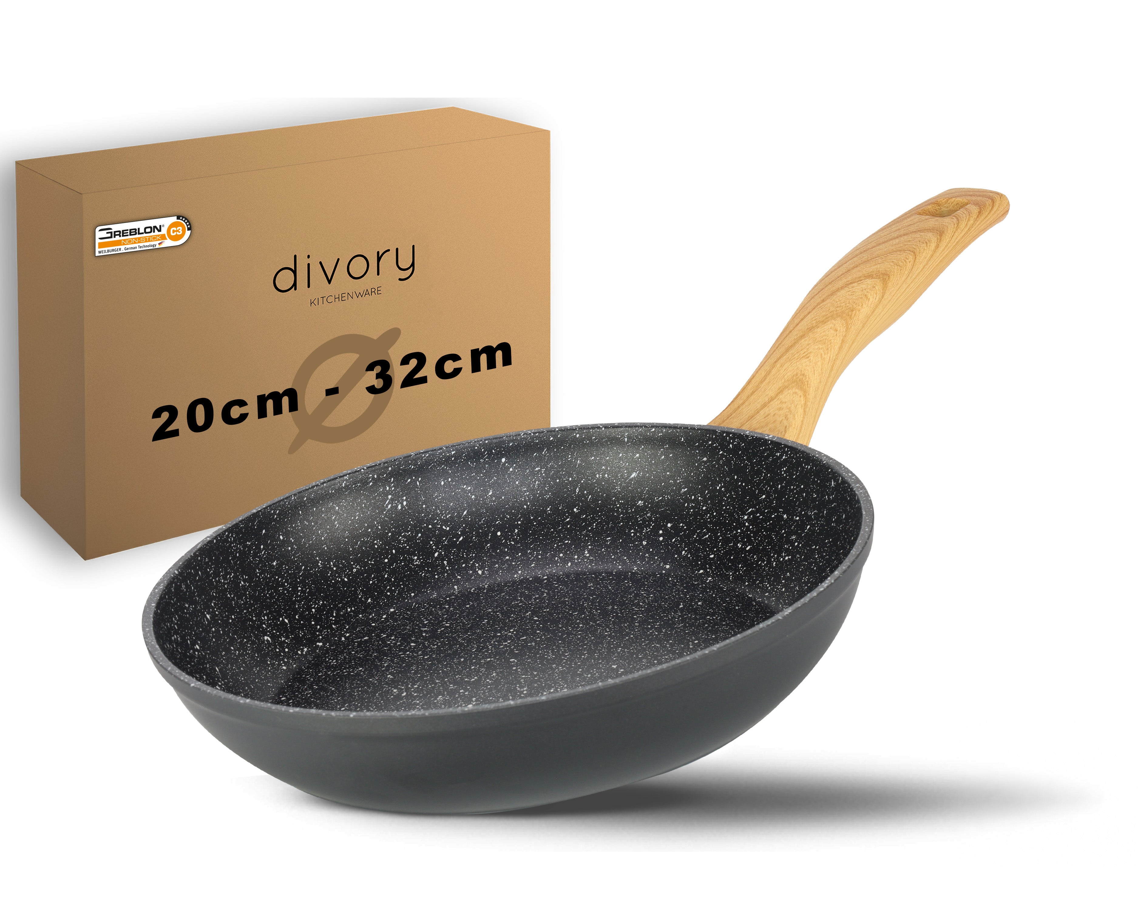 DIVORY Bratpfanne Ø 16, 20, 24, 28, 32cm + 2er / 3er Set (Helles Holz)
