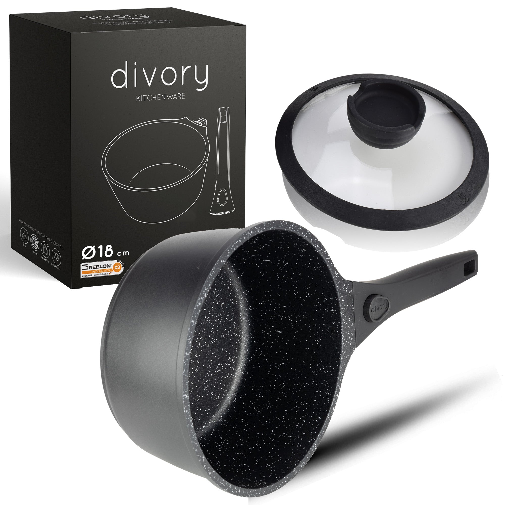 DIVORY Töpfe inkl. Deckel + Pfannensets- 18, 20, 24, 28cm (abnehmbare Griffe)