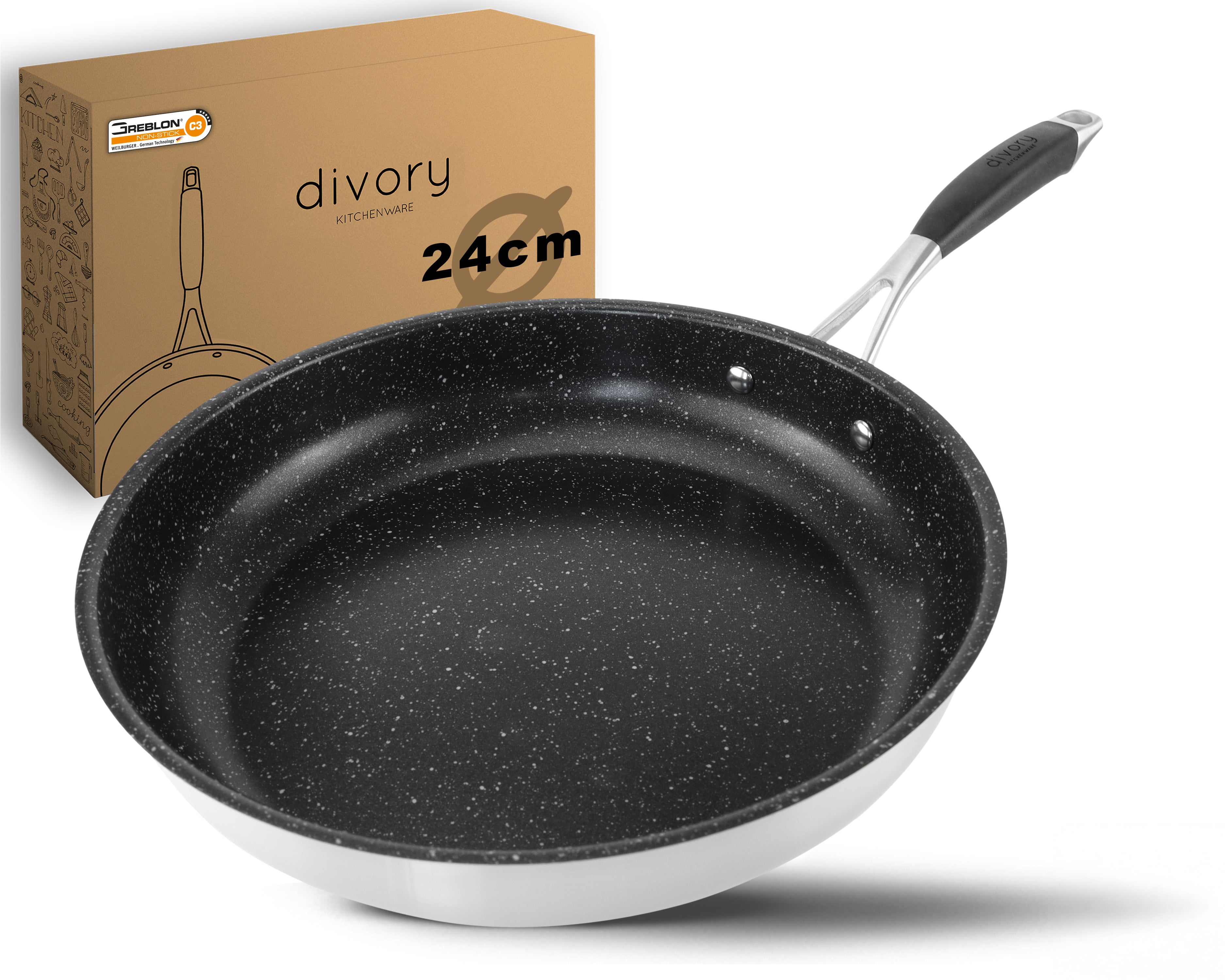 DIVORY beschichtete Edelstahl Pfanne 20, 24, 28, 32cm Induktion