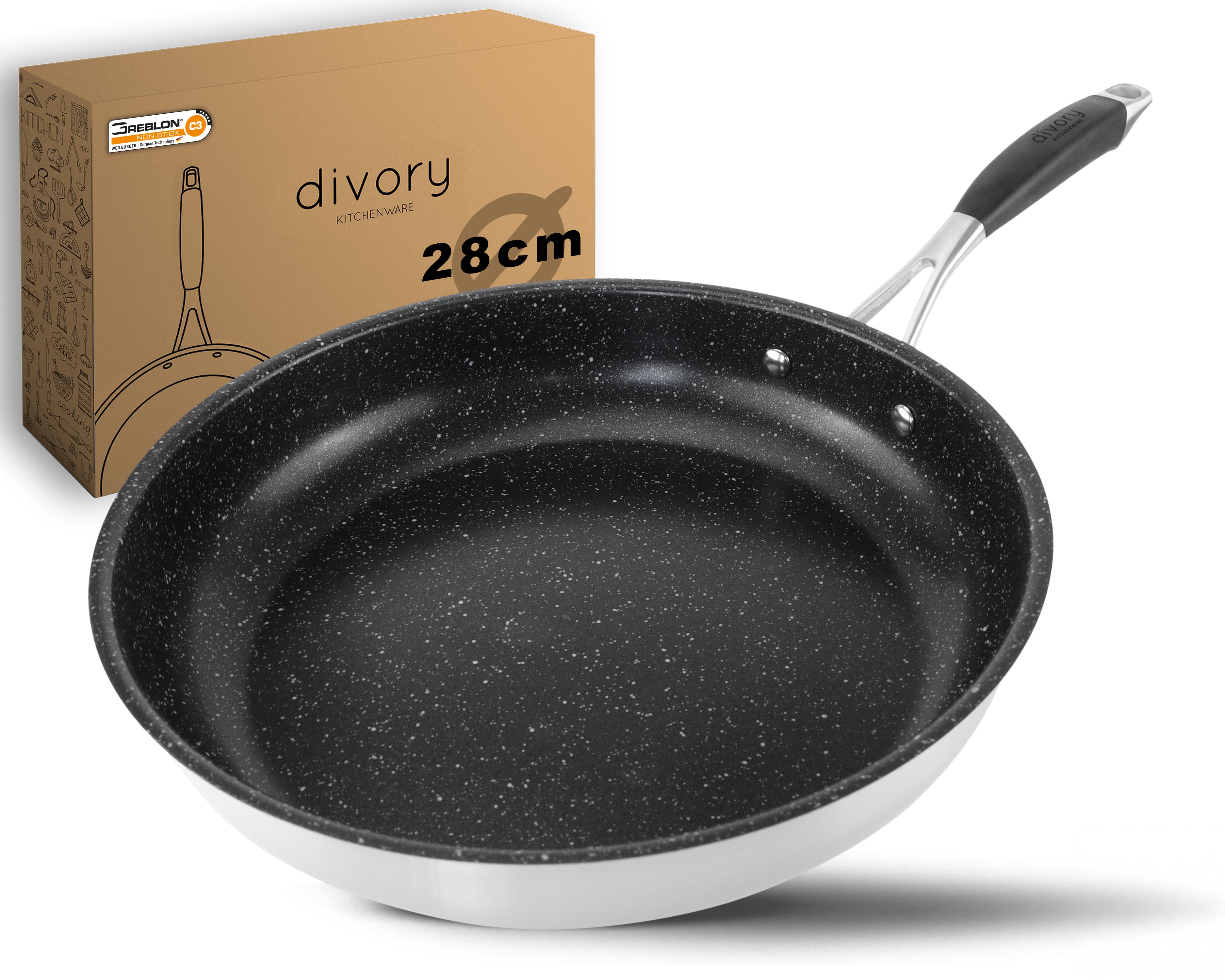 DIVORY beschichtete Edelstahl Pfanne 20, 24, 28, 32cm Induktion