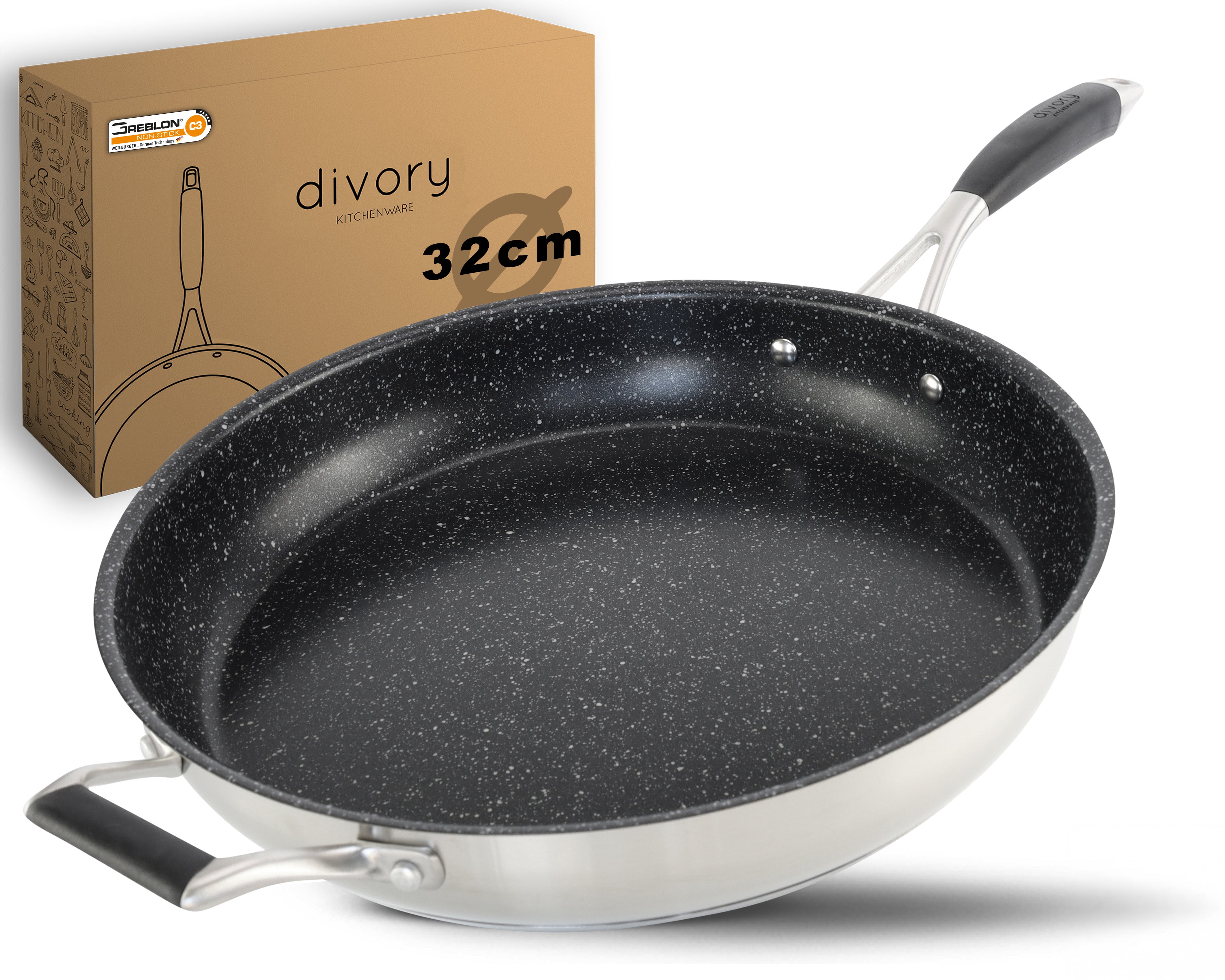 DIVORY beschichtete Edelstahl Pfanne 20, 24, 28, 32cm Induktion