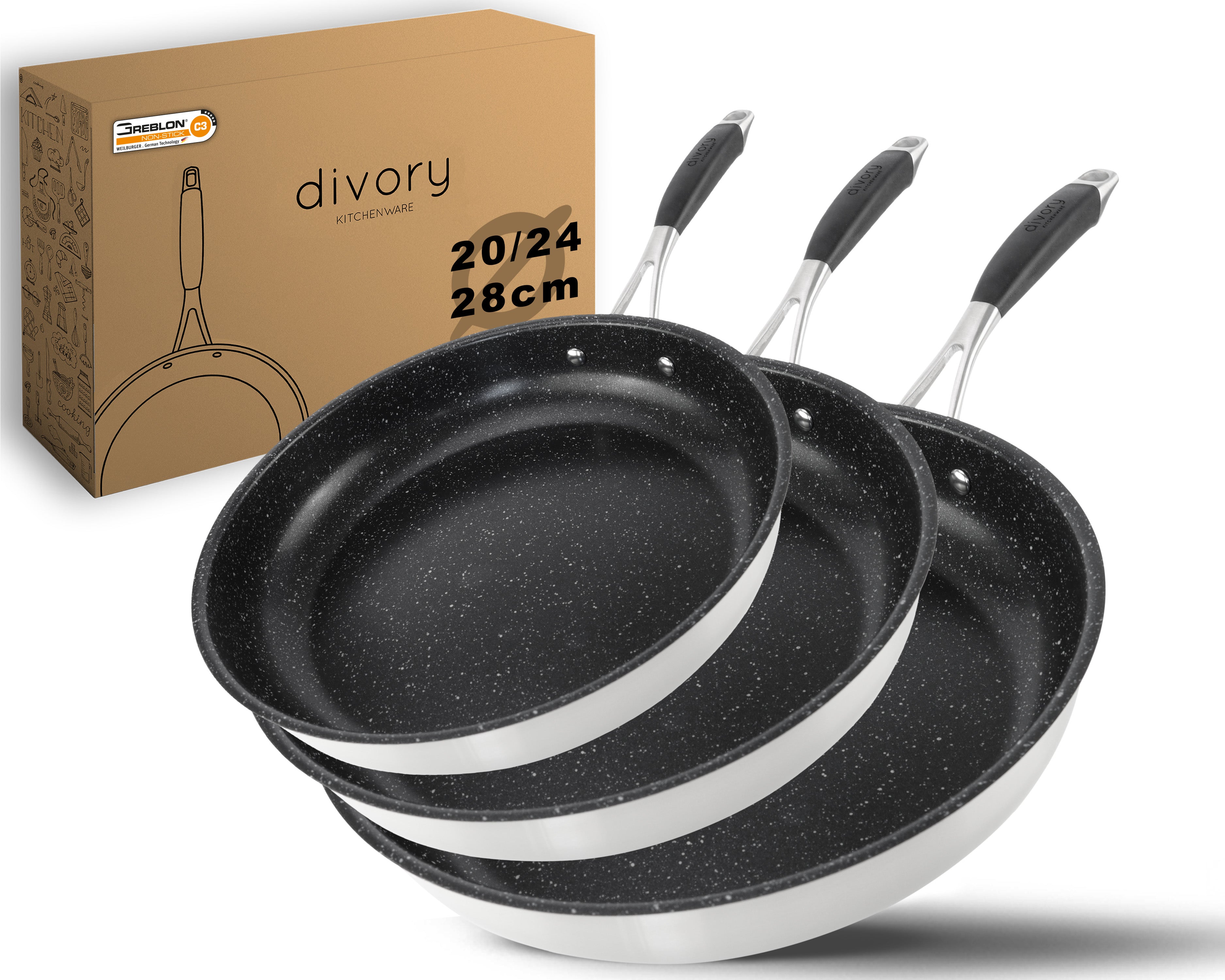 DIVORY beschichtete Edelstahl Pfanne 20, 24, 28, 32cm Induktion