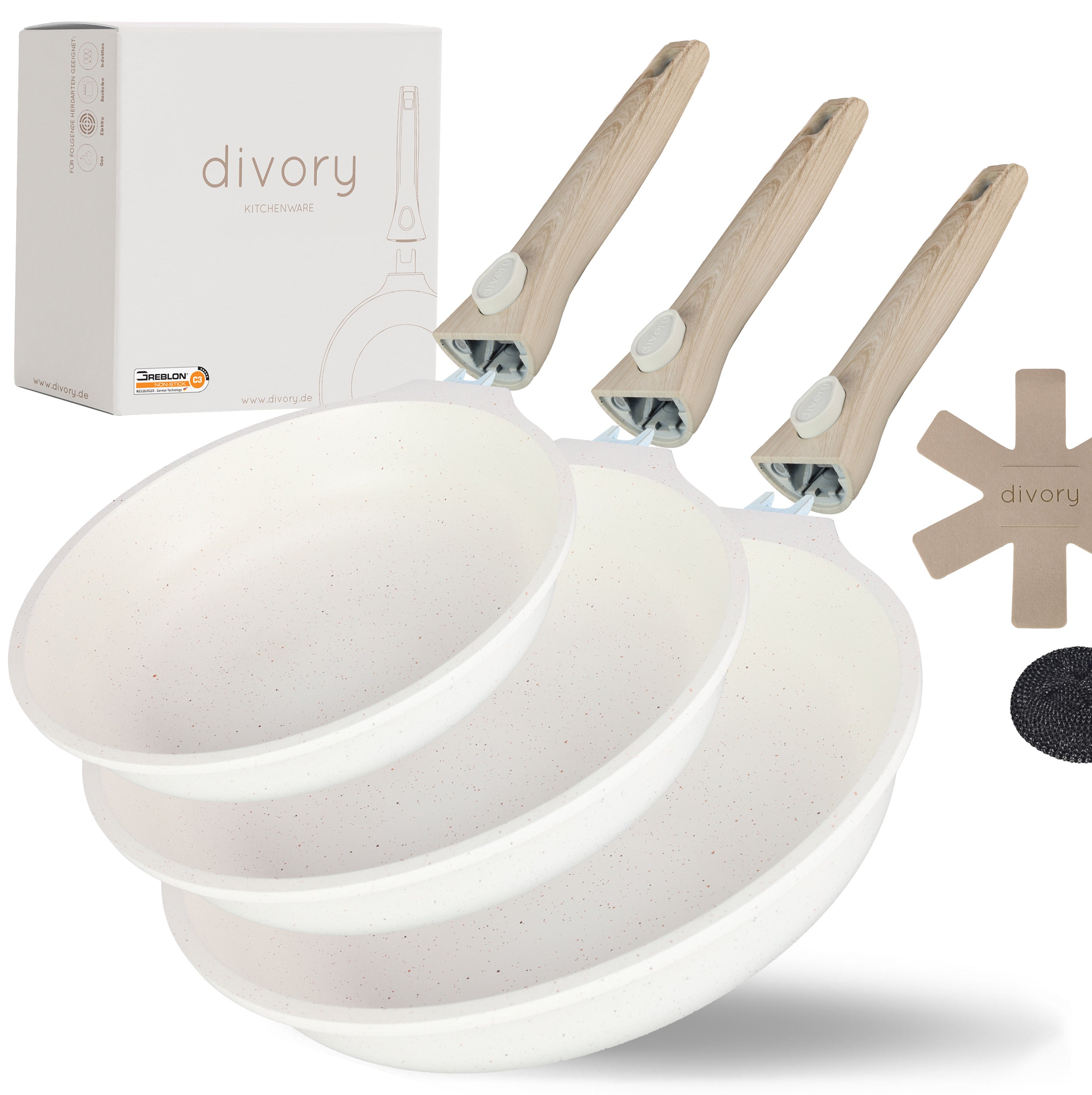 DIVORY - Pfanne abnehmbarer Griff - Beige (20, 24, 28cm & 3er Set)