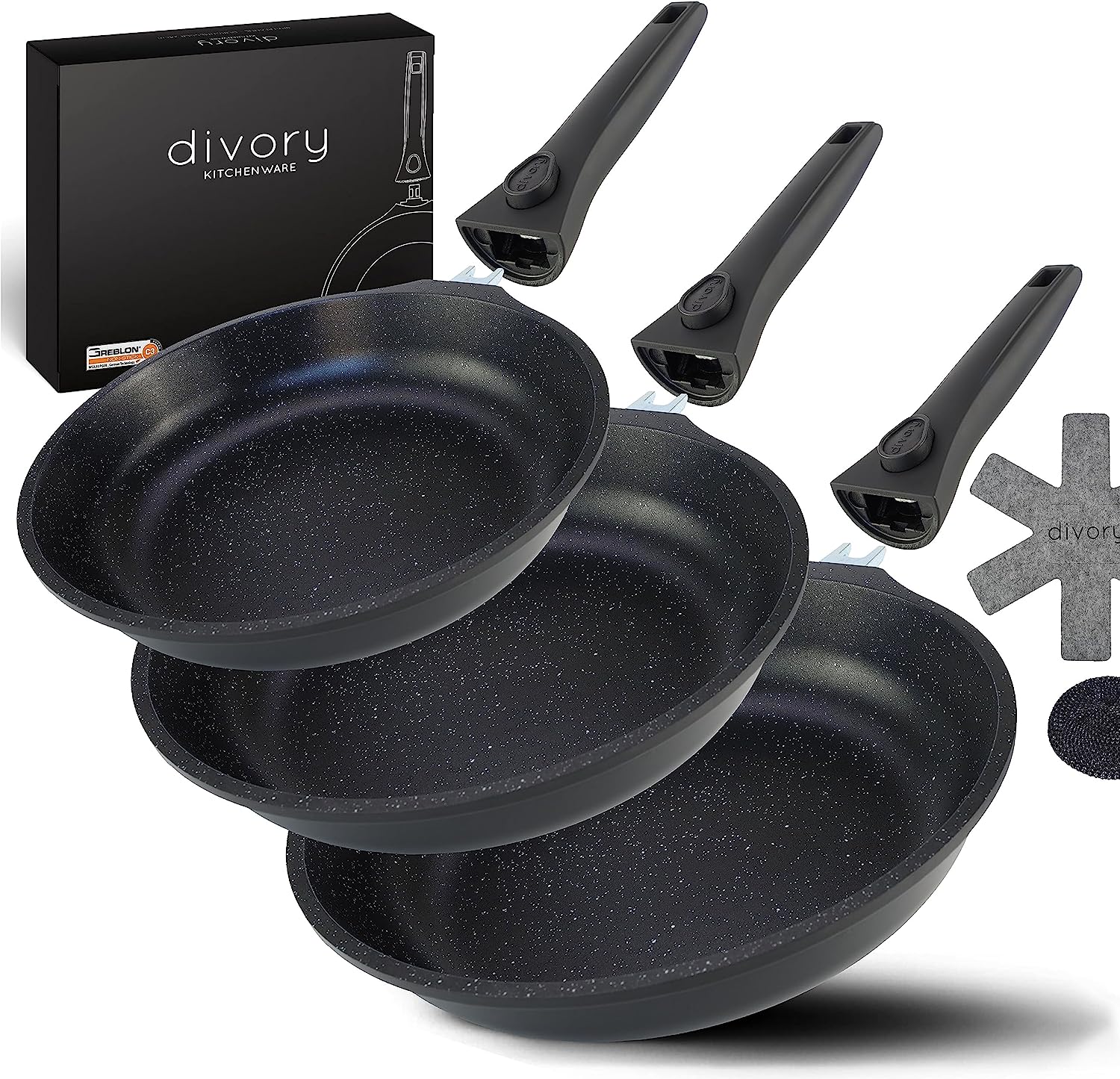 DIVORY - Pfanne abnehmbarer Griff - Schwarz (20, 24, 28, 32cm + 2er / 3er Set)