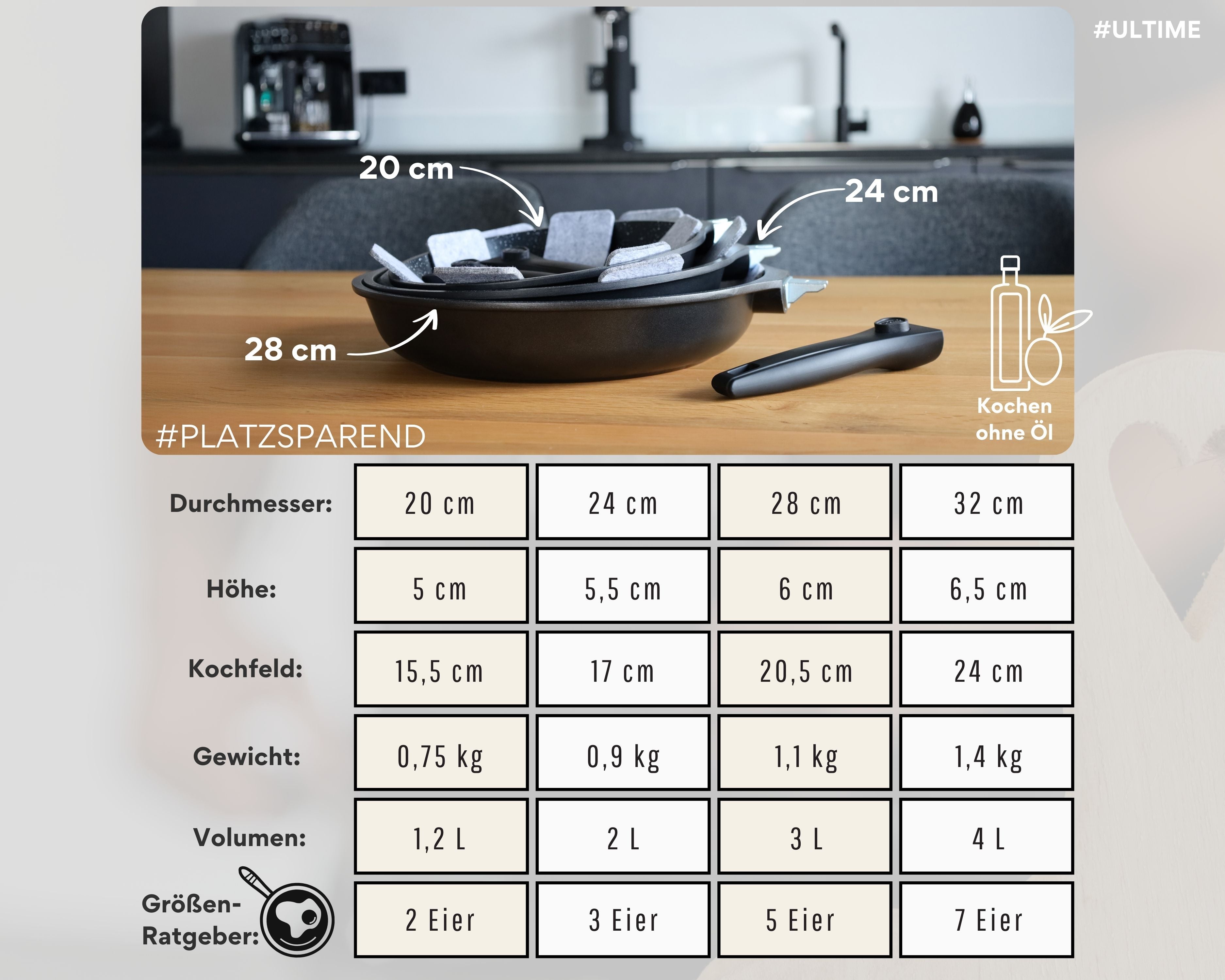 DIVORY - Pfanne abnehmbarer Griff - Schwarz (20, 24, 28, 32cm + 2er / 3er Set)