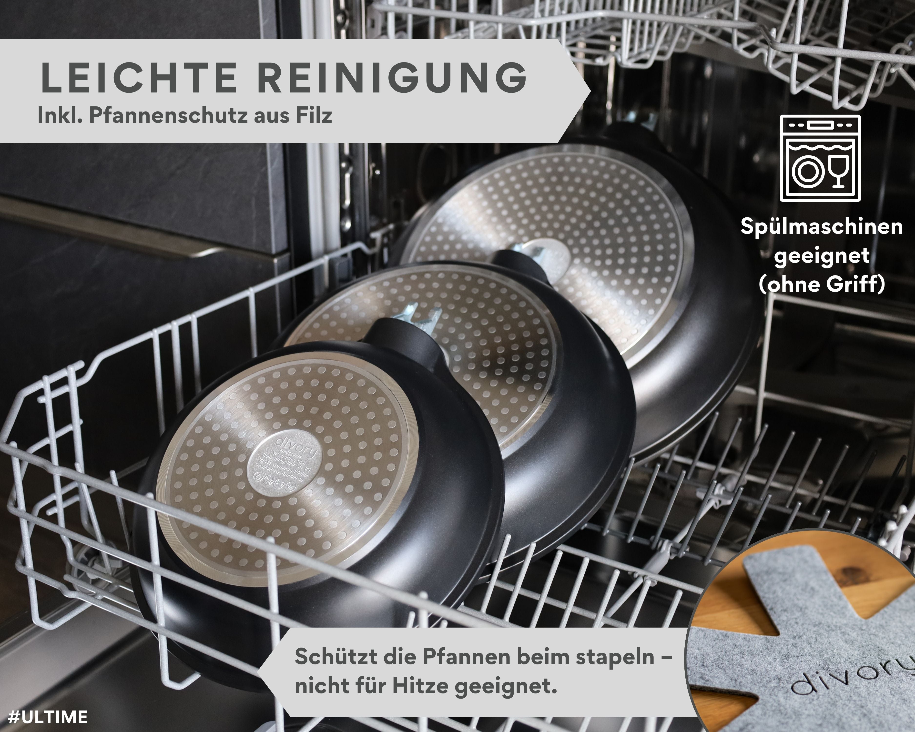 DIVORY - Pfanne abnehmbarer Griff - Schwarz (20, 24, 28, 32cm + 2er / 3er Set)