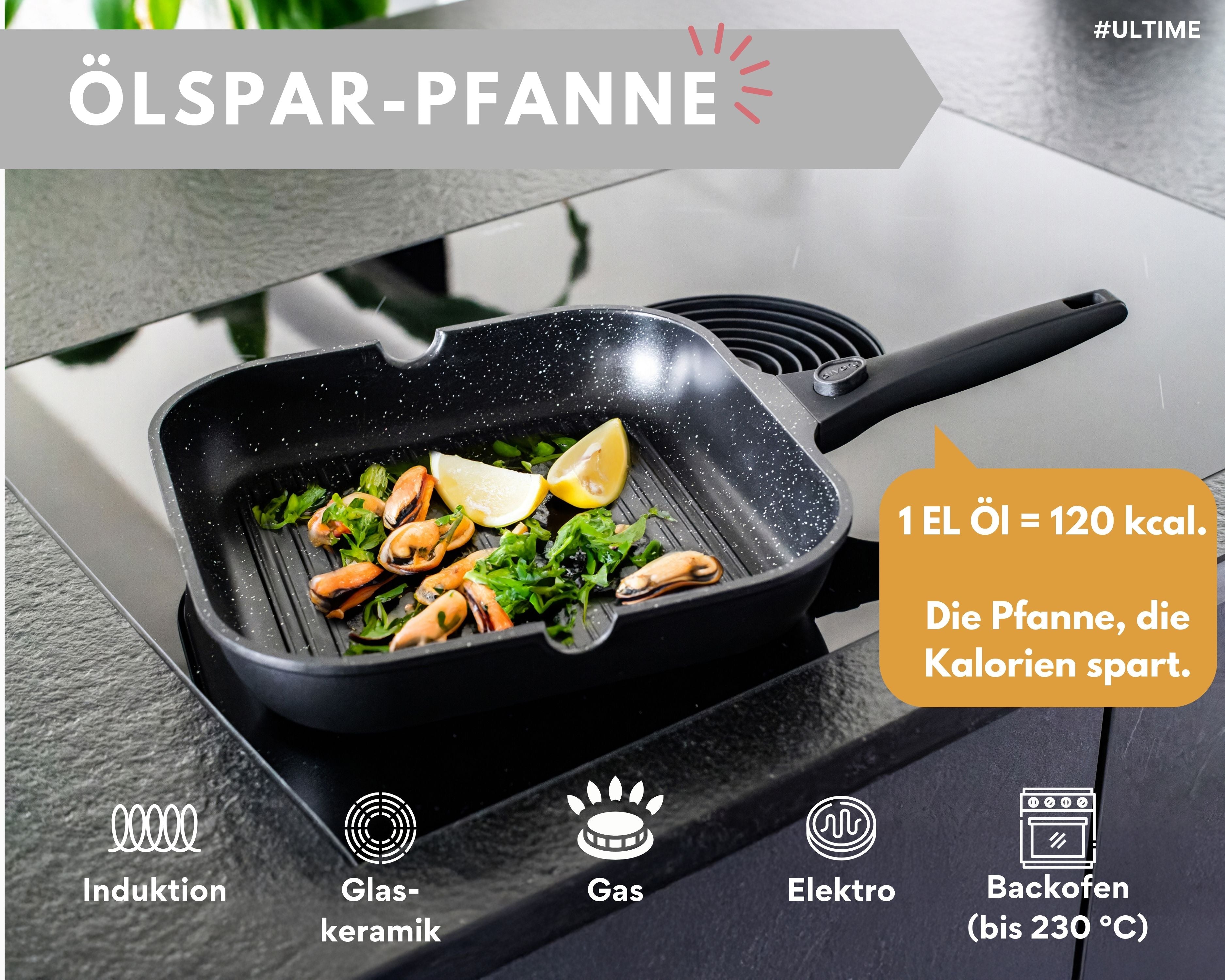 DIVORY Grillpfanne 28x28cm mit Ausguss (abnehmbarer Griff)
