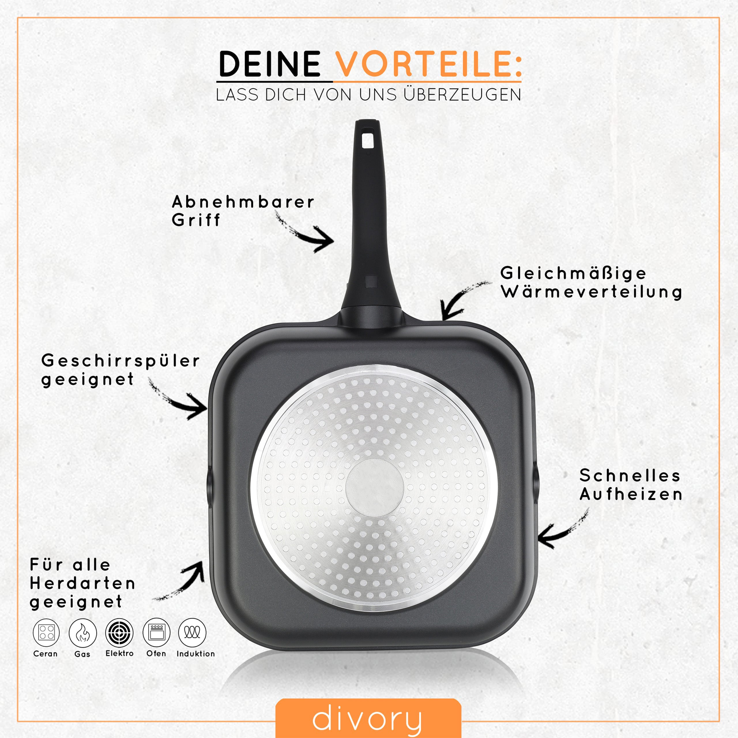 DIVORY Grillpfanne 28x28cm mit Ausguss (abnehmbarer Griff)