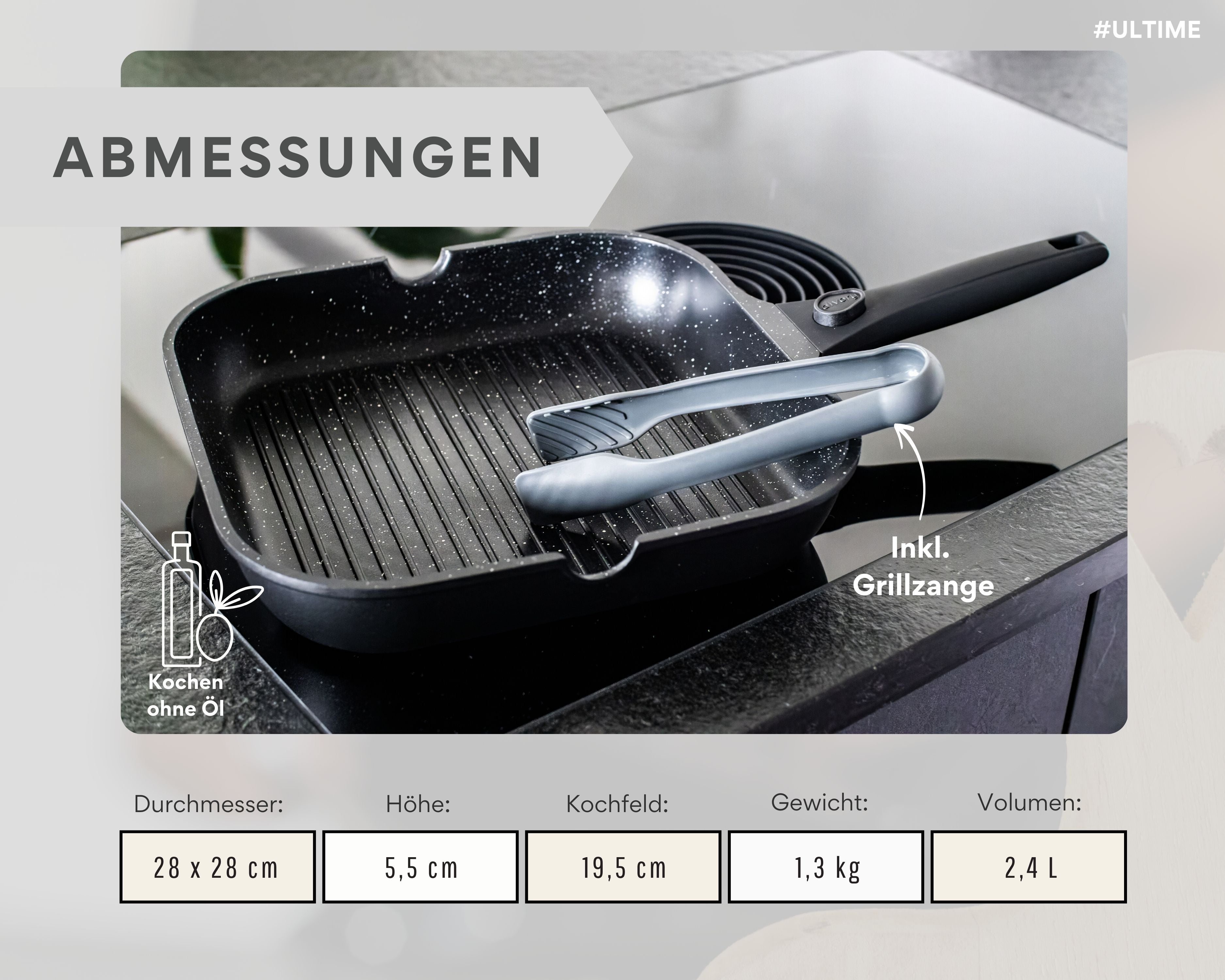 DIVORY Grillpfanne 28x28cm mit Ausguss (abnehmbarer Griff)