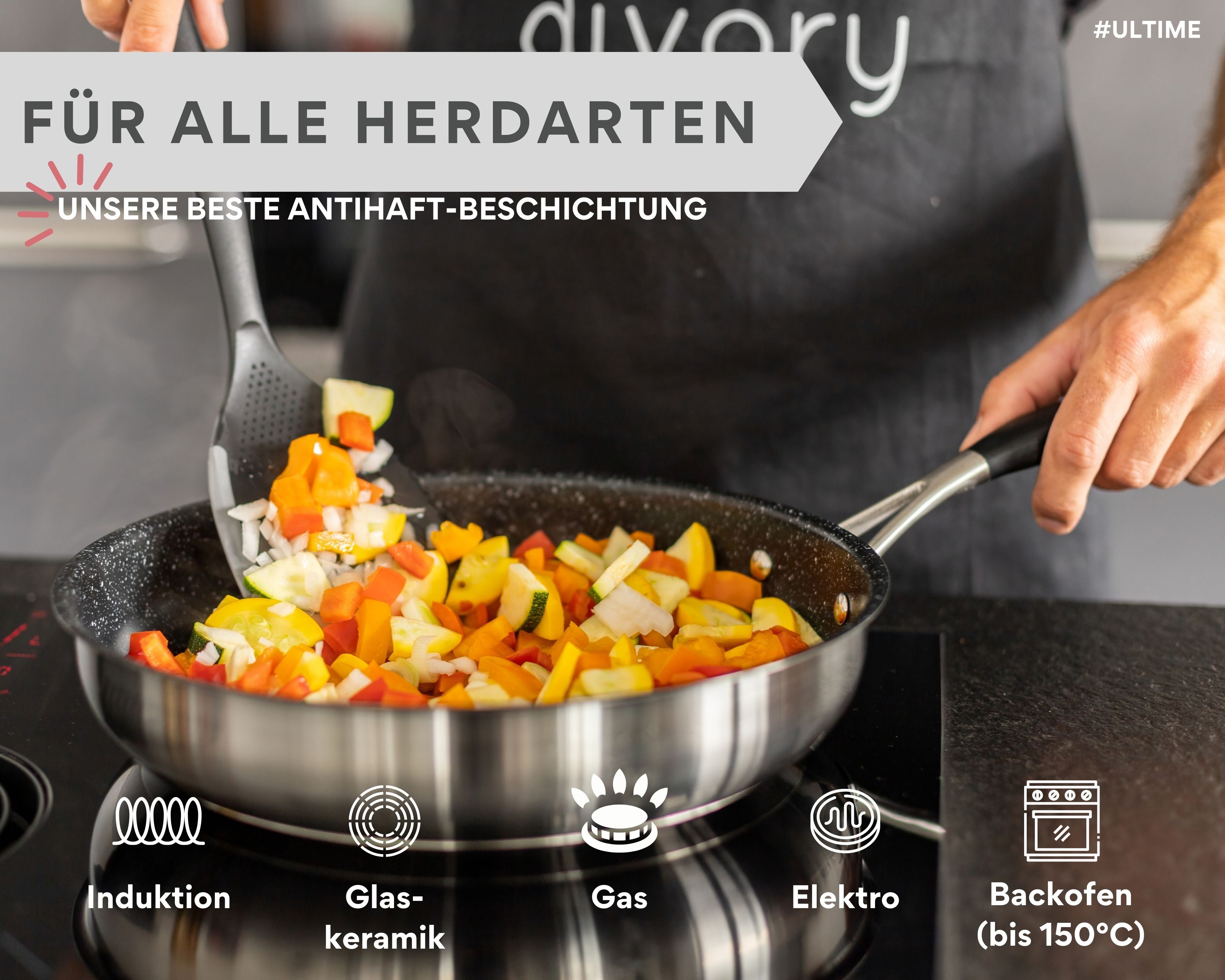 DIVORY beschichtete Edelstahl Pfanne 20, 24, 28, 32cm Induktion