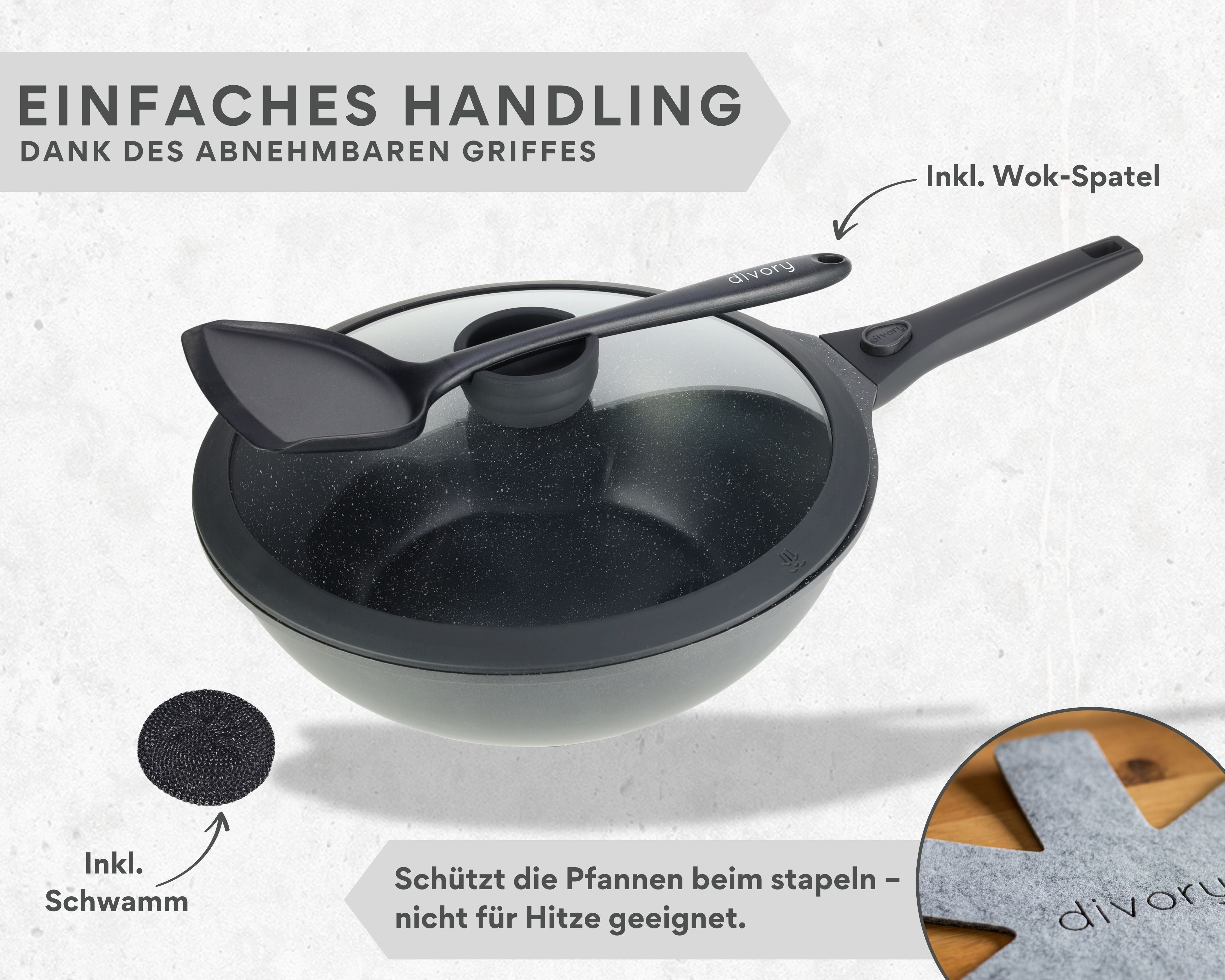 DIVORY Wokpfanne 30 cm inkl. Deckel (abnehmbarer Griff)