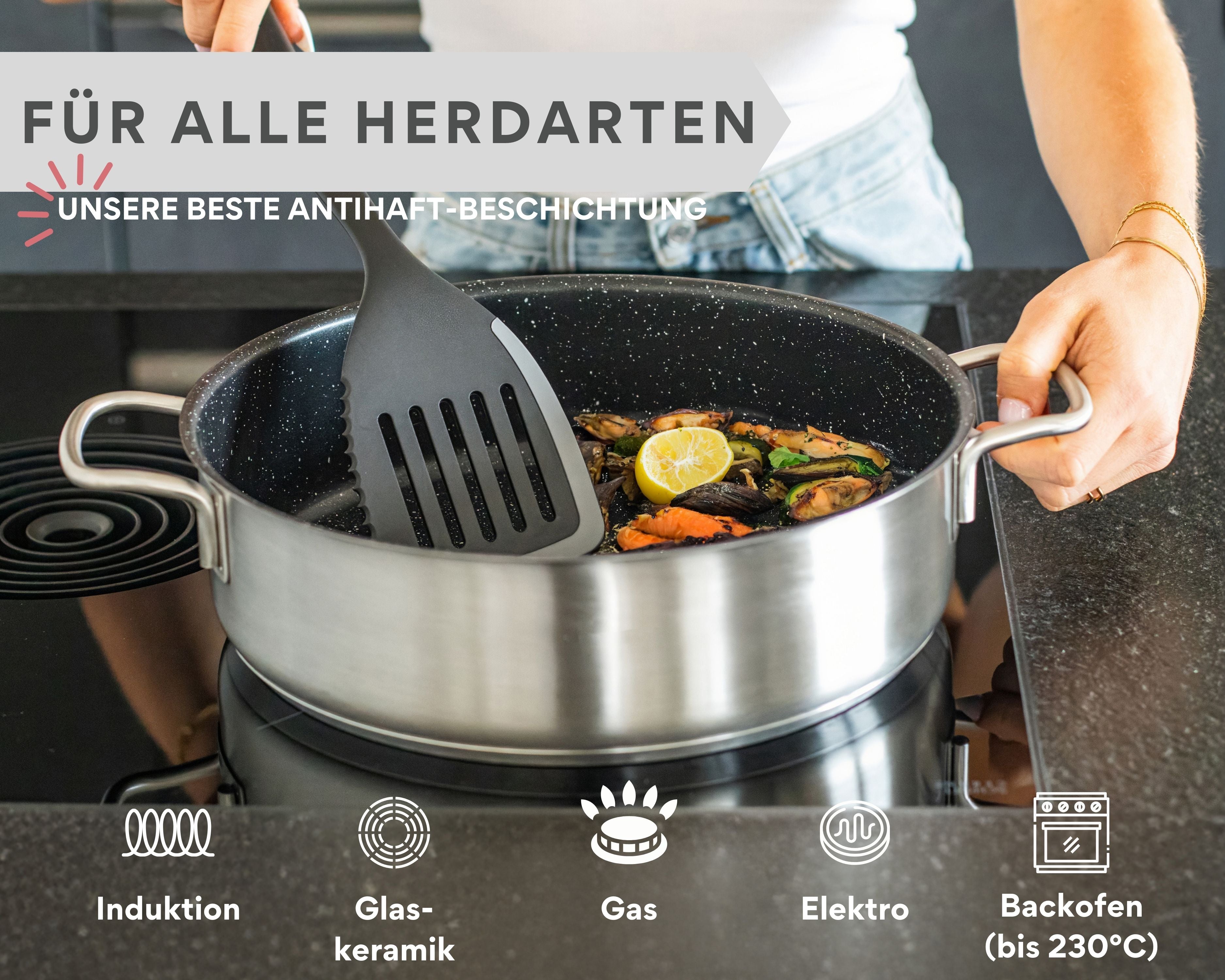 Edelstahl Schmorpfanne 28cm Induktion, Servierpfanne mit Deckel 4,6l – beschichtete Servierpfanne