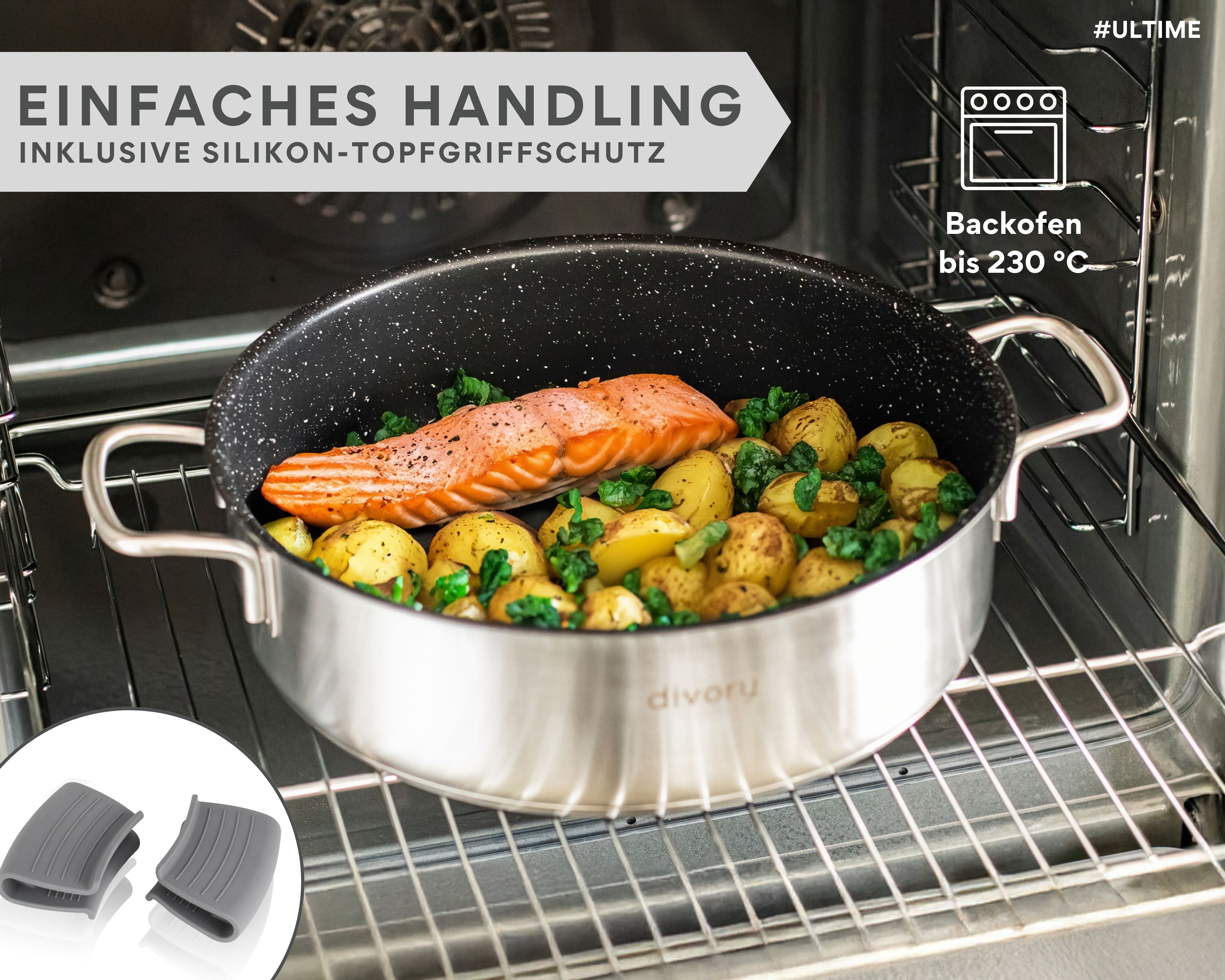 Edelstahl Schmorpfanne 28cm Induktion, Servierpfanne mit Deckel 4,6l – beschichtete Servierpfanne
