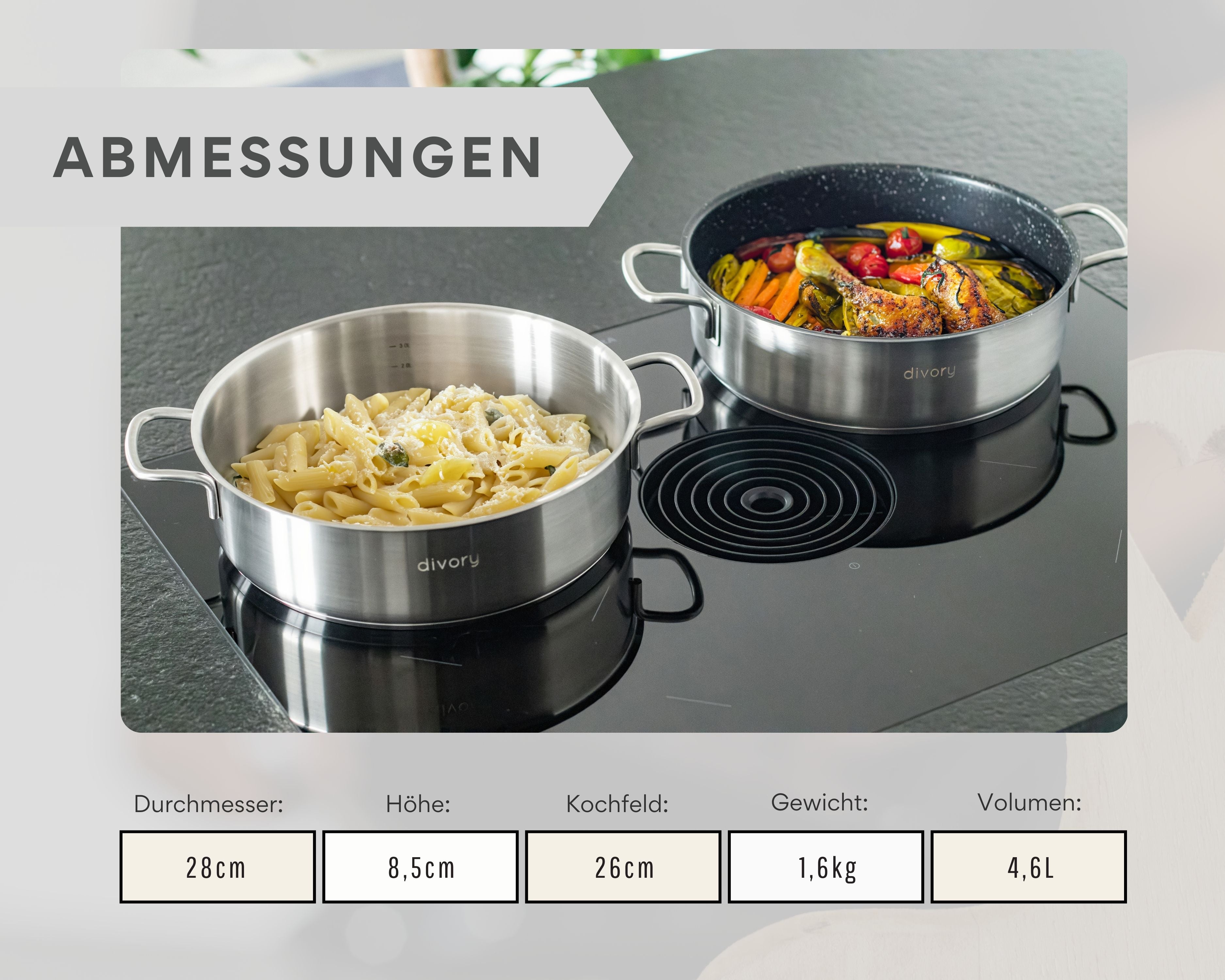 Edelstahl Schmorpfanne 28cm Induktion, Servierpfanne mit Deckel 4,6l – unbeschichtete Servierpfanne