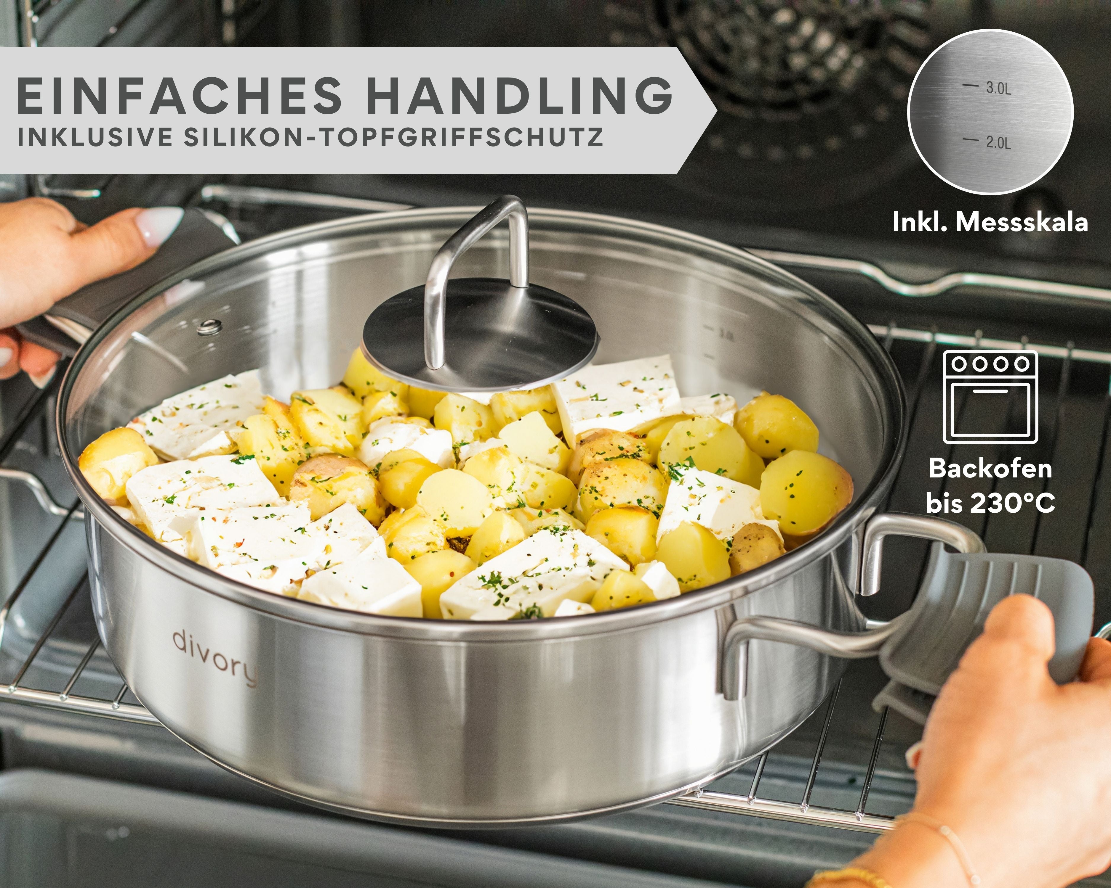 Edelstahl Schmorpfanne 28cm Induktion, Servierpfanne mit Deckel 4,6l – unbeschichtete Servierpfanne