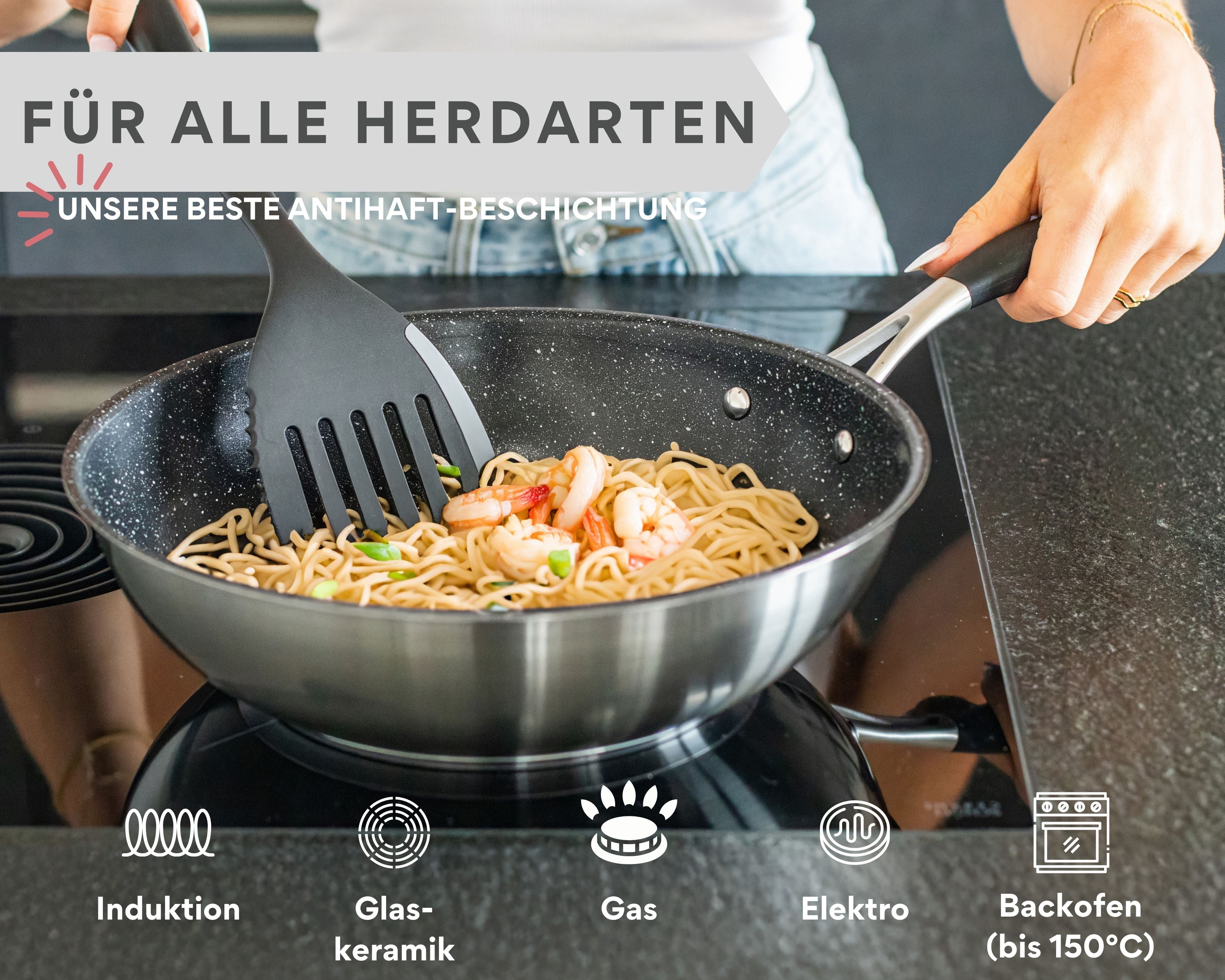 Edelstahl Wokpfanne 28cm I Antihaft beschichteter Wok für alle Herdarten geeignet, auch Induktion