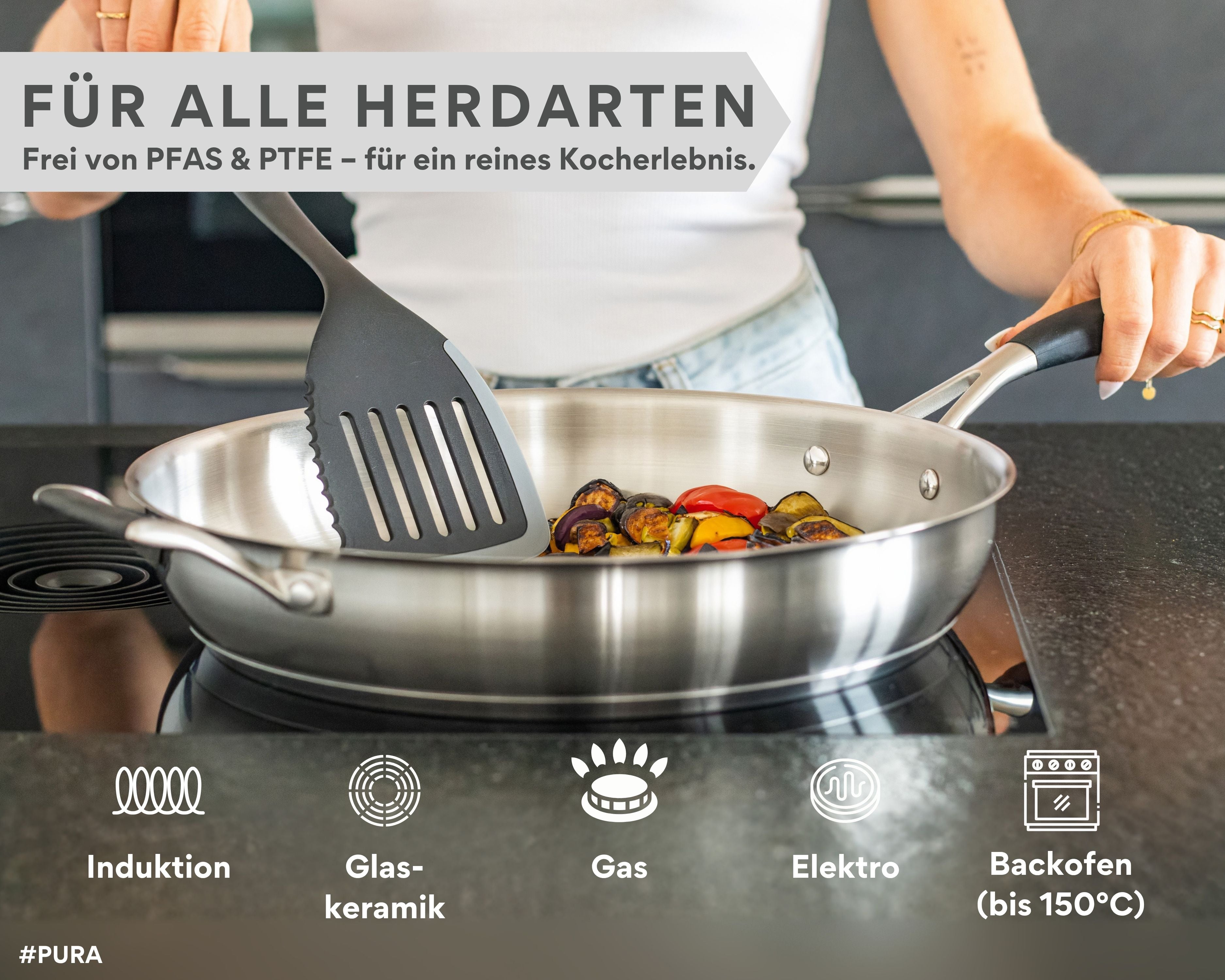 DIVORY unbeschichtete Edelstahl Pfanne 20, 24, 28, 32cm Induktion