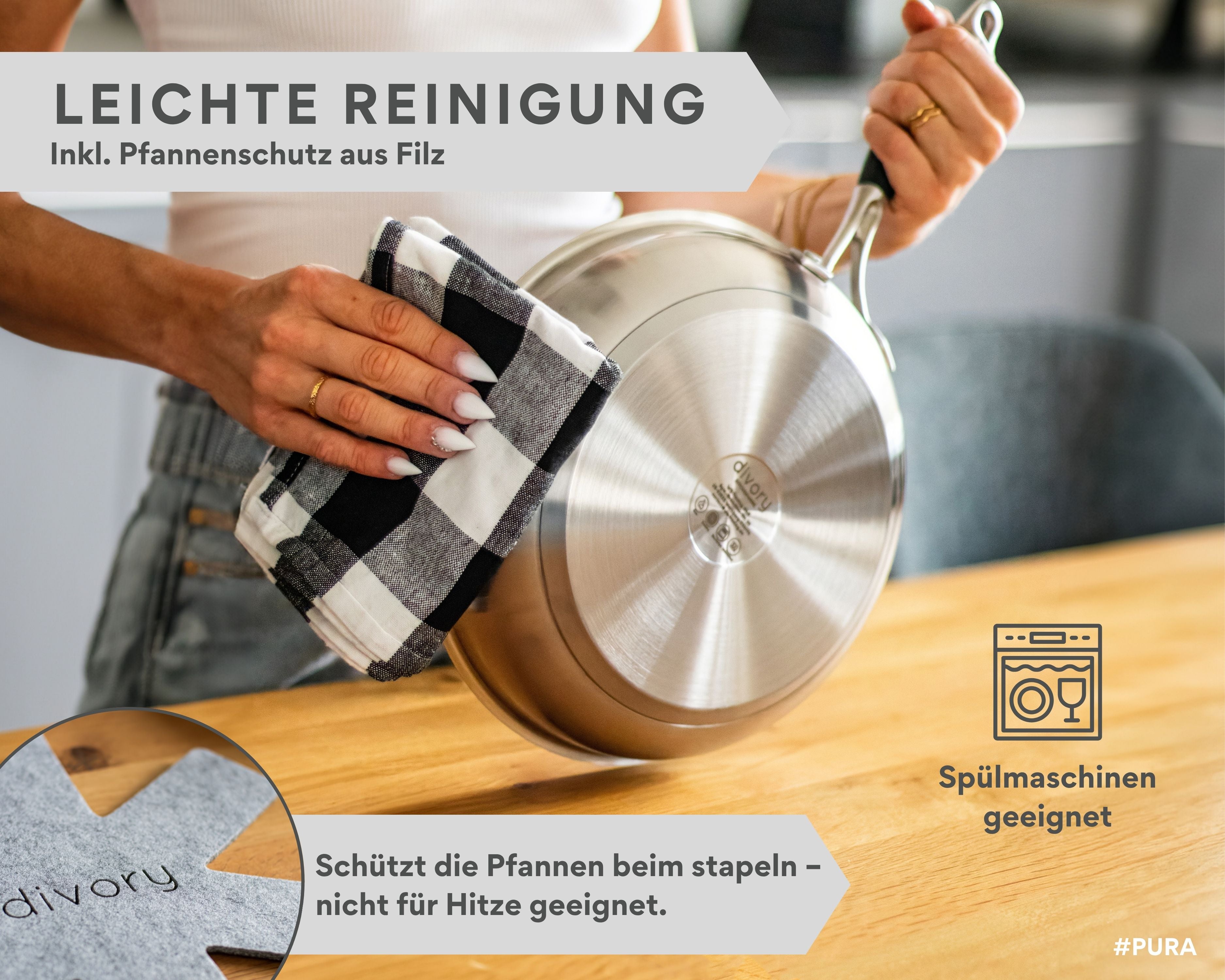 DIVORY unbeschichtete Edelstahl Pfanne 20, 24, 28, 32cm Induktion