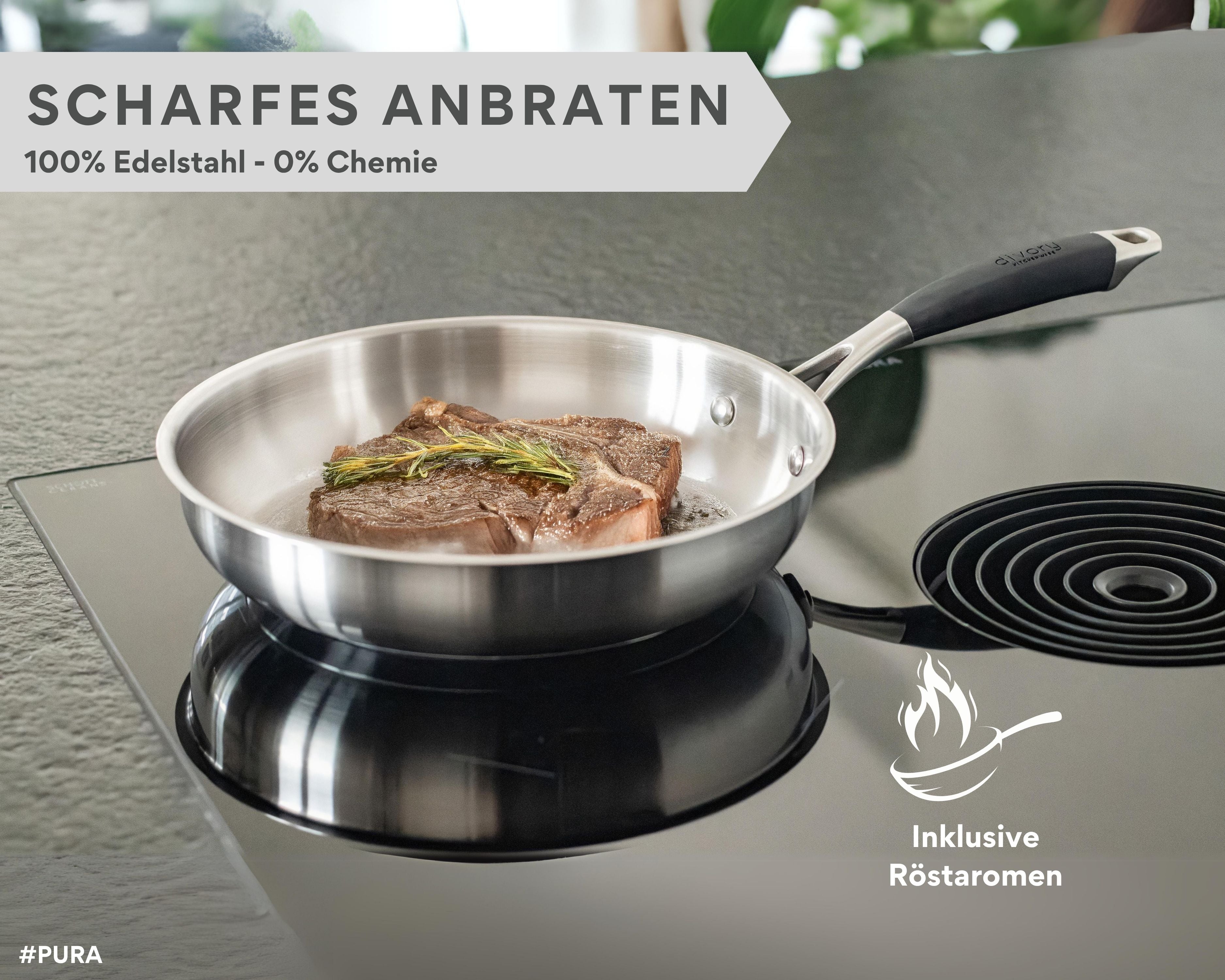 DIVORY unbeschichtete Edelstahl Pfanne 20, 24, 28, 32cm Induktion