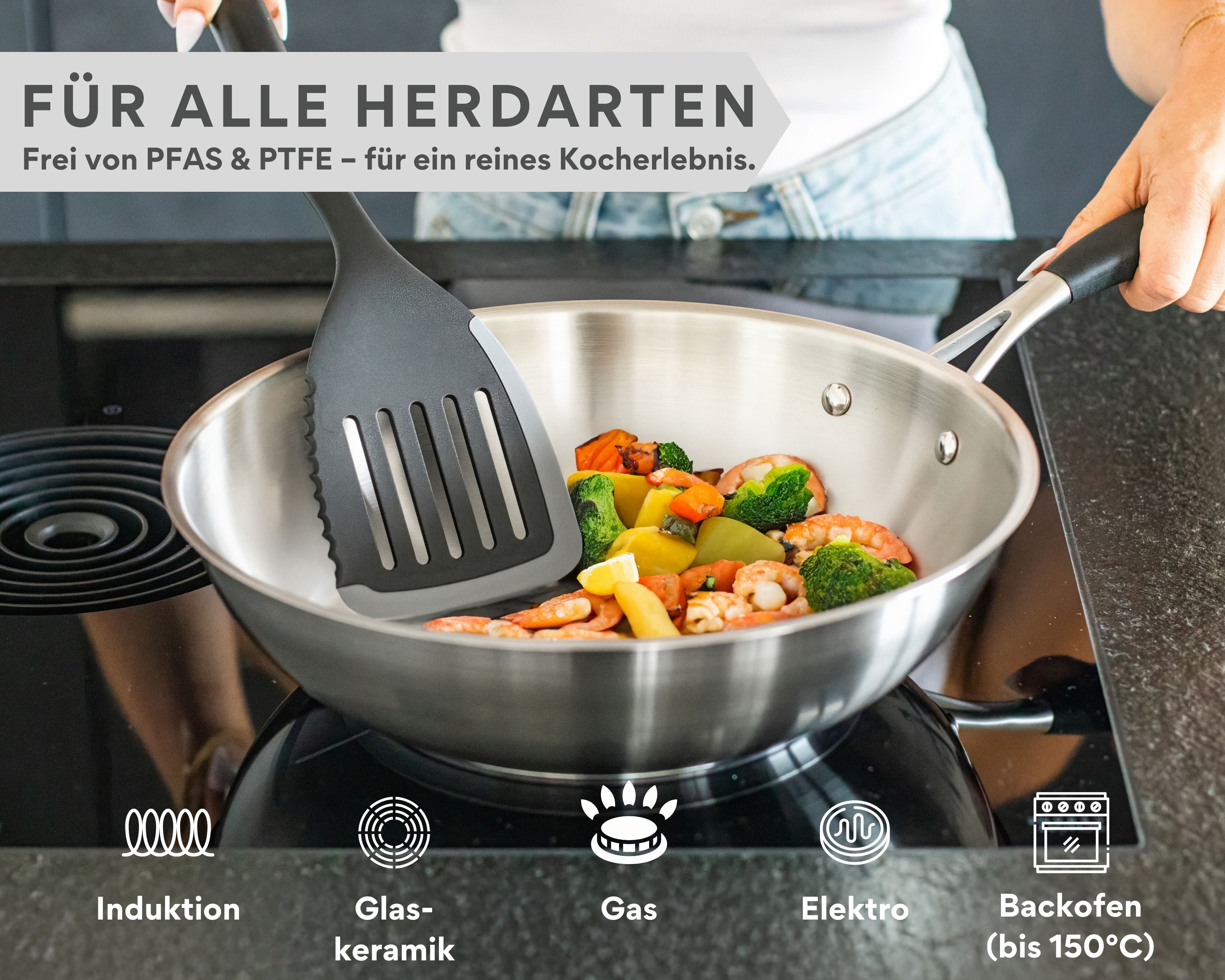 Edelstahl Wokpfanne 28cm I unbeschichteter Wok für alle Herdarten geeignet, auch Induktion