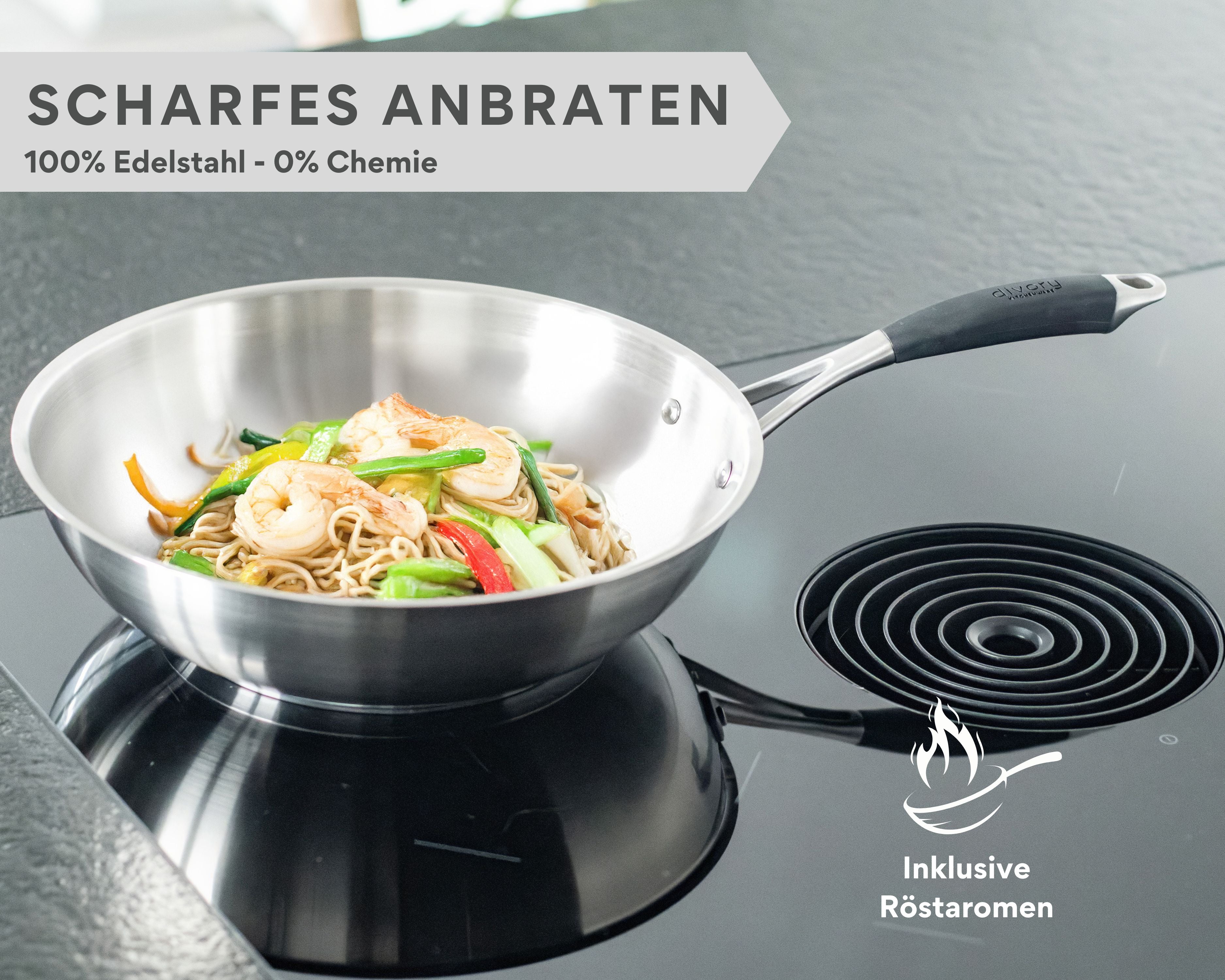 Edelstahl Wokpfanne 28cm I unbeschichteter Wok für alle Herdarten geeignet, auch Induktion