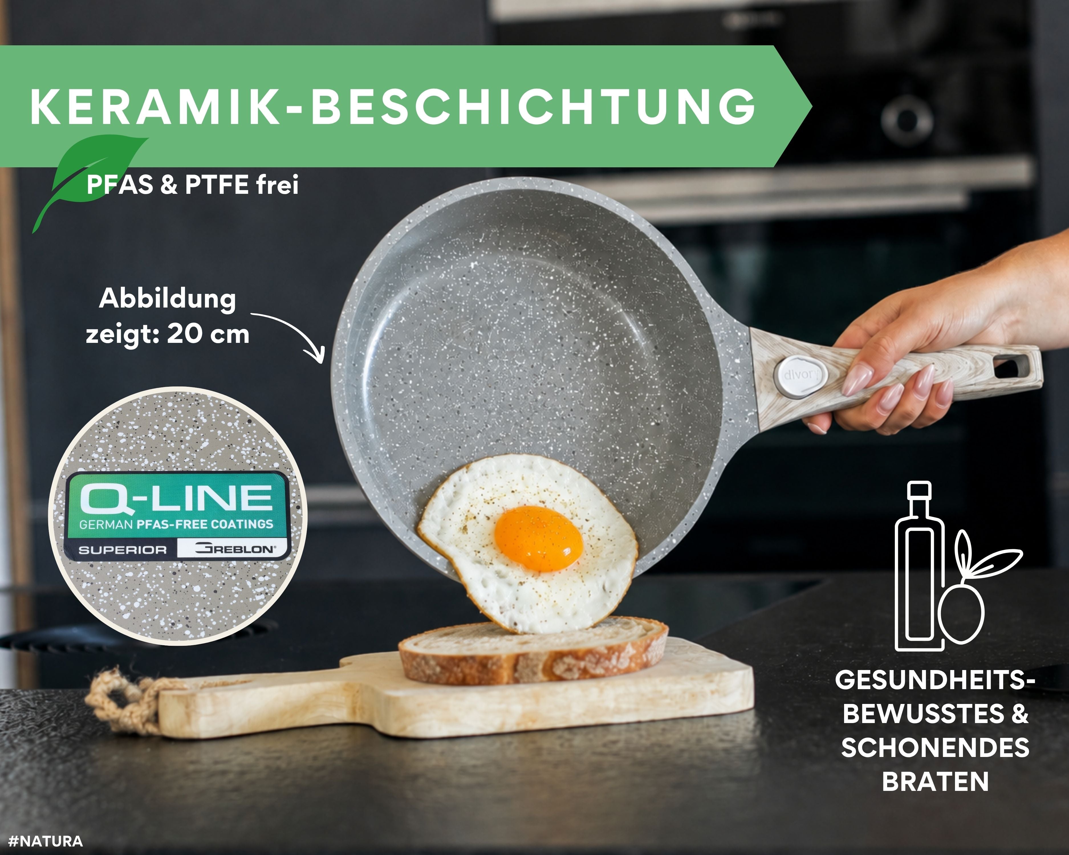 DIVORY Pfanne mit Keramikbeschichtung und abnehmbarem Griff, für alle Herdarten geeignet, PFAS & PTFE frei