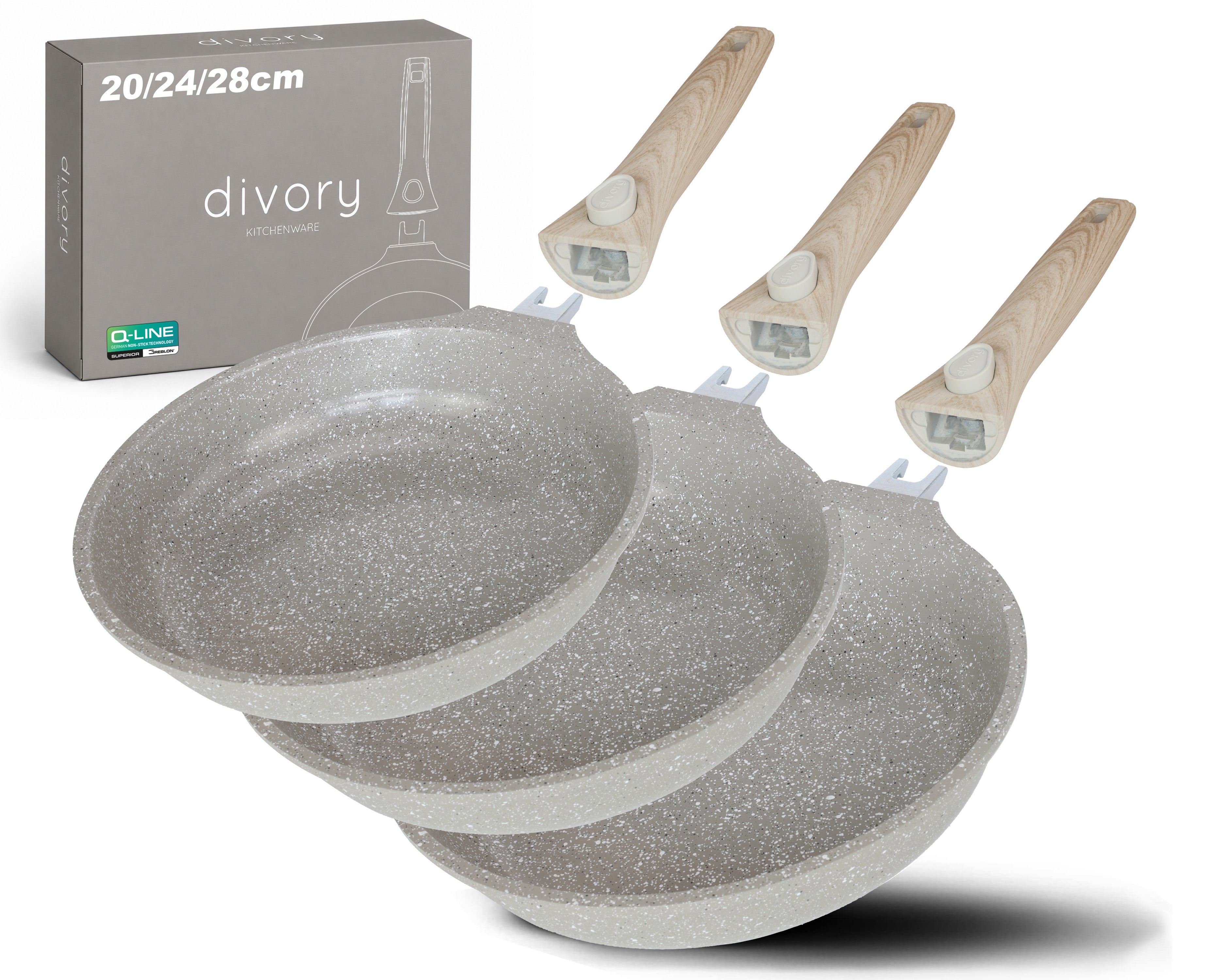 DIVORY Pfanne mit Keramikbeschichtung und abnehmbarem Griff, für alle Herdarten geeignet, PFAS & PTFE frei