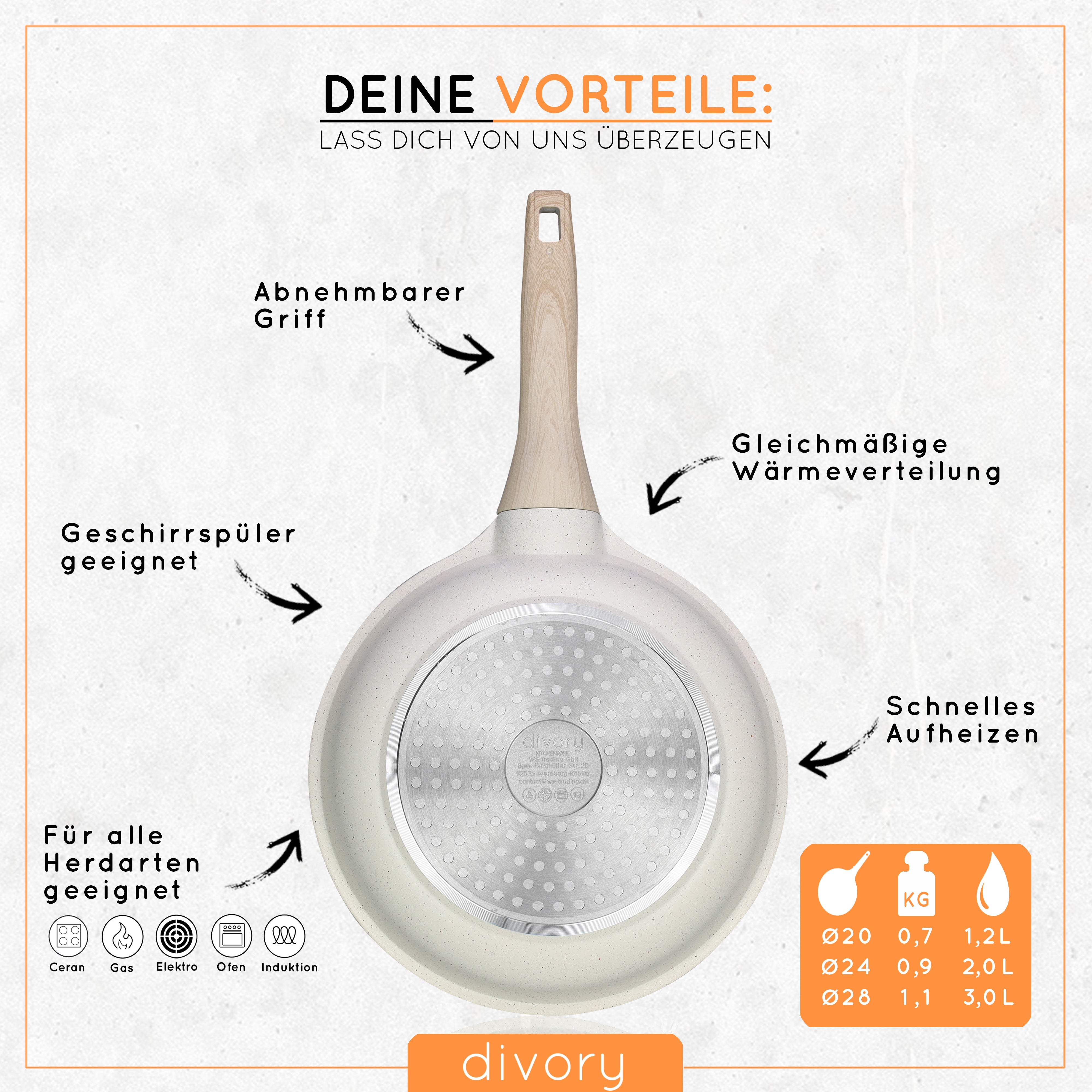 DIVORY - Pfanne abnehmbarer Griff (20, 24, 28, 32cm + 2er / 3er Set)